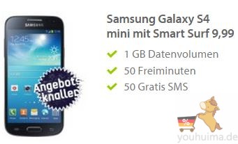 每月1G高速流量，50个短信50分钟免费通话，白送三星galaxy s4 mini!